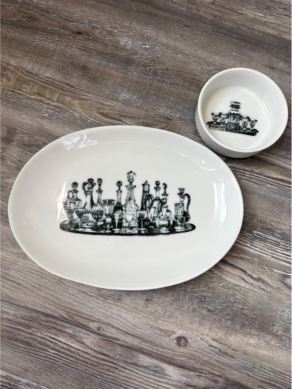 Vintage California Pantry Classic Ceramics Black White Serving Platter & Bowl